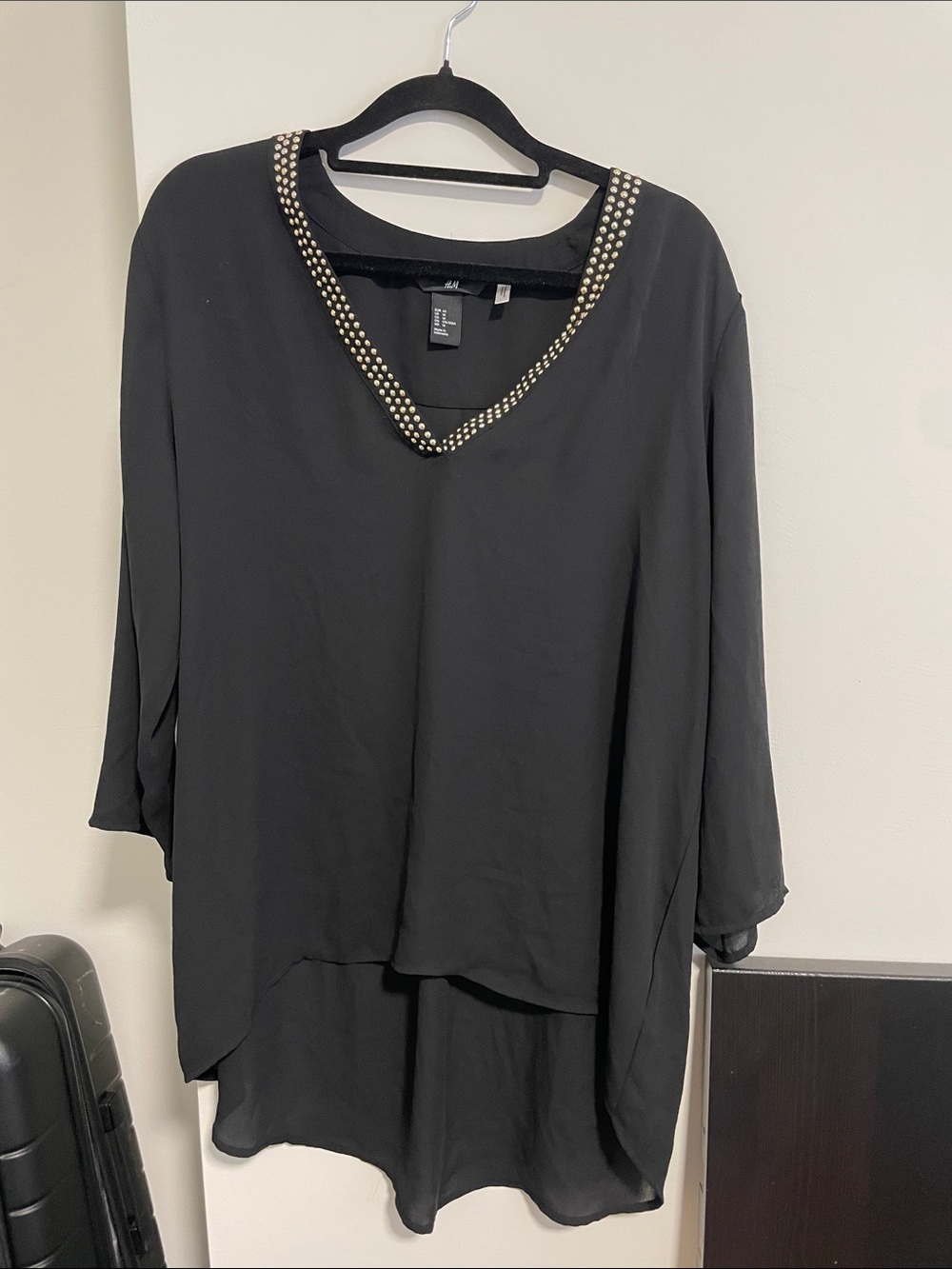 34 H&M Black Tunic with Gold Beaded V-Neck